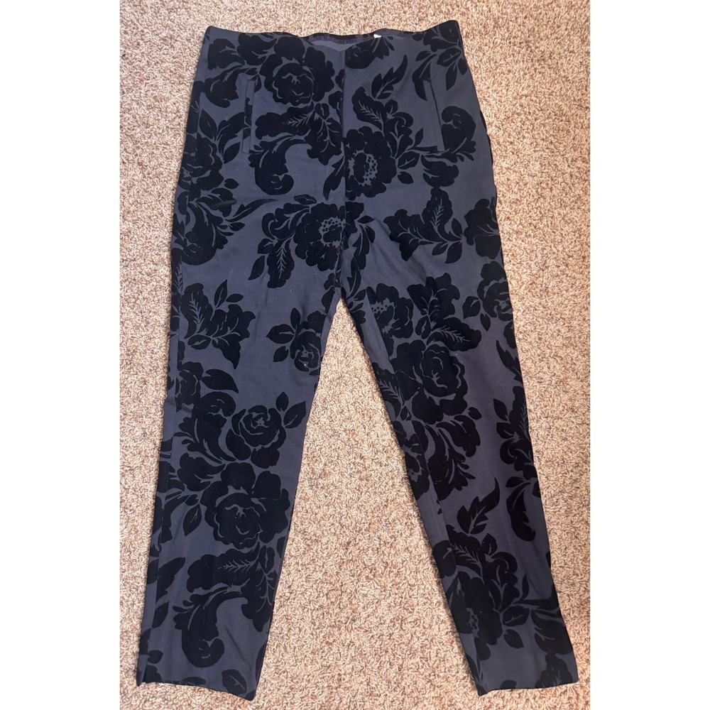 Chicos Black Velvet Damask Ankle Pants Floral Flocked Pull On Trousers Size 2 L